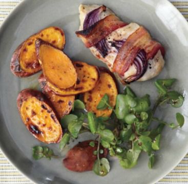 broiled bacon wrapped chicken with sweet potatoes and watercress