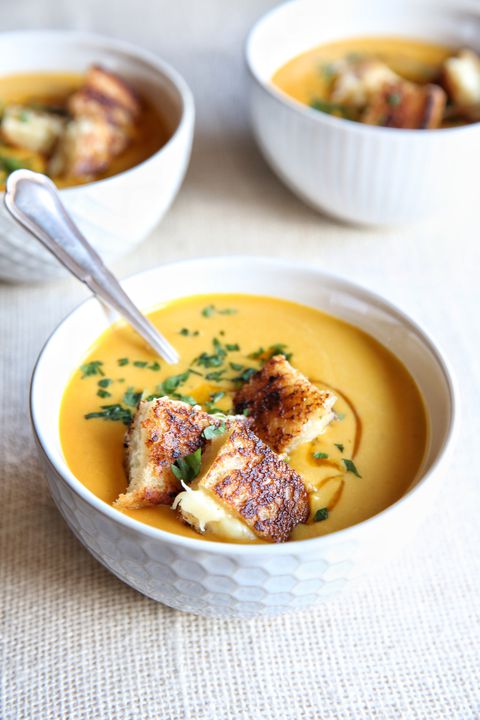kremsi Pumpkin Soup with Grilled Cheese Croutons Recipe