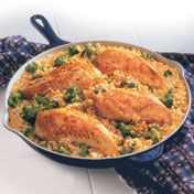 toto easy skillet supper features chicken, broccoli and rice simmering in a creamy gravy made with Campbell's Condensed Cream of Chicken Soup.