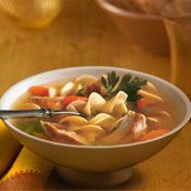 Swanson {{{reg}}} Chicken Broth provides the perfect base for this homestyle soup packed with carrots, celery, shredded cooked chicken and extra wide egg noodles.