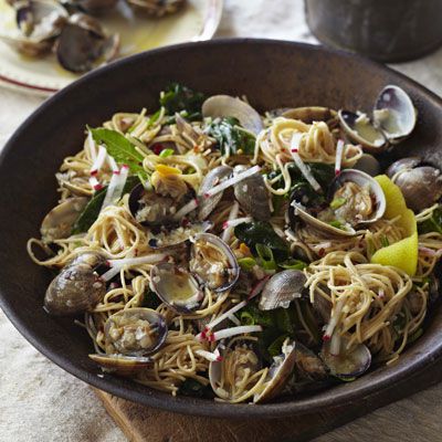 anjel hair pasta with clams radishes spinach