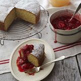 zeytin oil cake with strawberry rhubarb compote