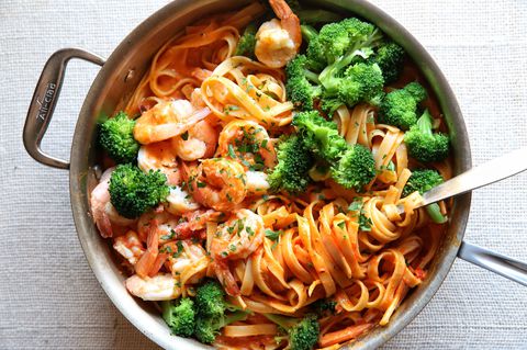 kremsi Tomato Fettuccine with Shrimp and Broccoli Recipe
