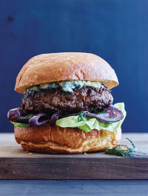 Mavi Cheese Burgers with Caramelized Onions and Crispy Rosemary Vertical